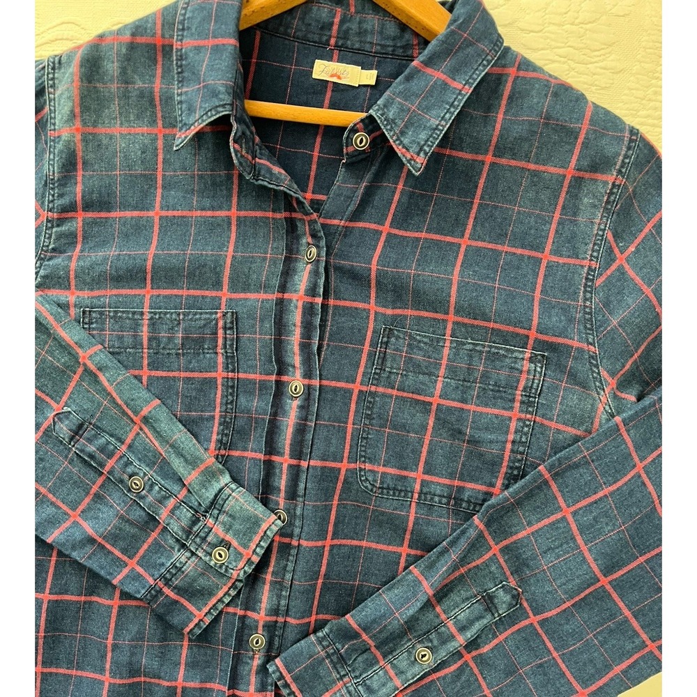 Faherty Ventura Shirt Indigo Blue Plaid Windowpane Everyday Button Up Cotton LG